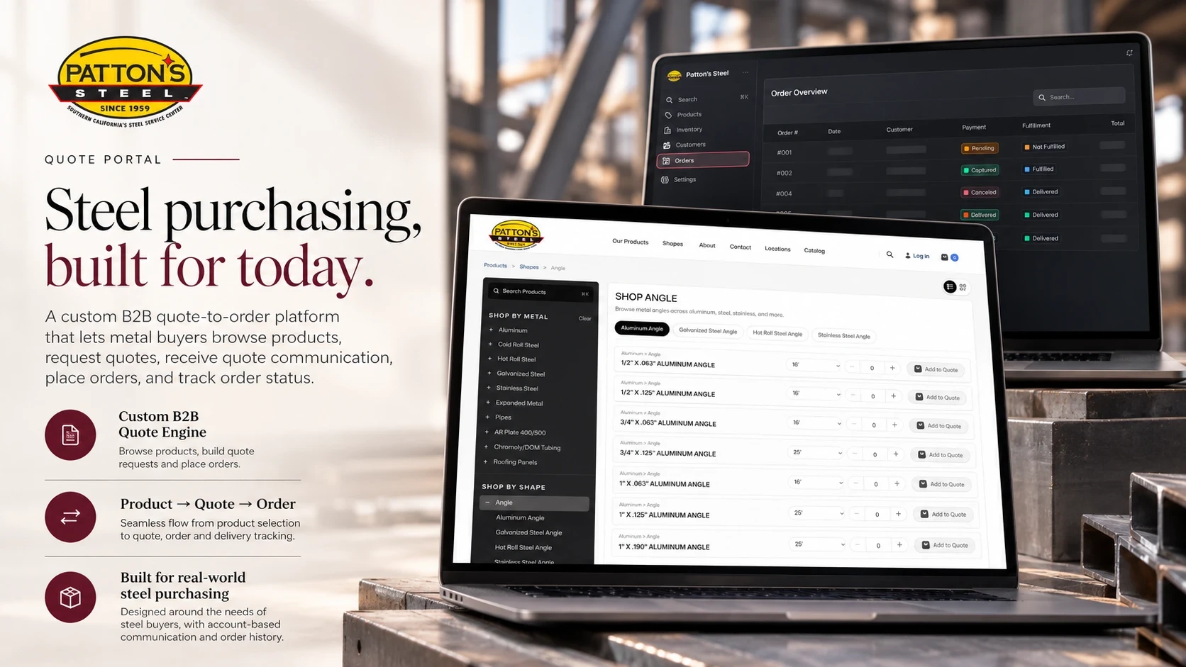 The Pattons Steel quote portal on two laptops: a product catalogue of aluminum angles with Add to Quote buttons, and an order overview showing payment and fulfillment status.